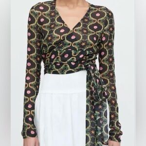 NWT Hill House Home Aviva Wrap Top Black Multi Cisco Trellis